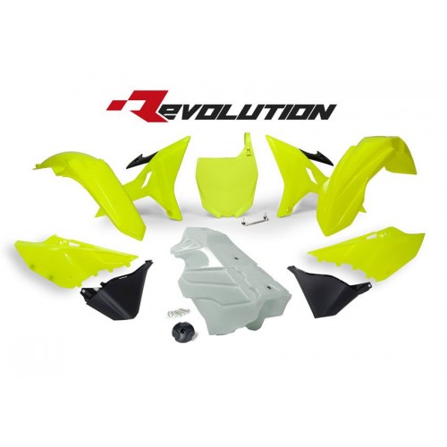KIT PLASTICOS RTECH REVOLUTION YAMAHA YZ 125 / 250 2002 - 2017 AMARELO NEON C/DEPOSITO TRANSPARENTE
